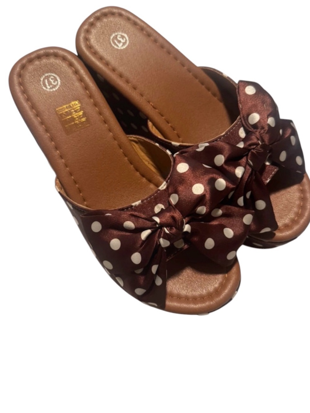 Polka Dot Bow Slide Sandals - Brown size 37 (US size 7) New!